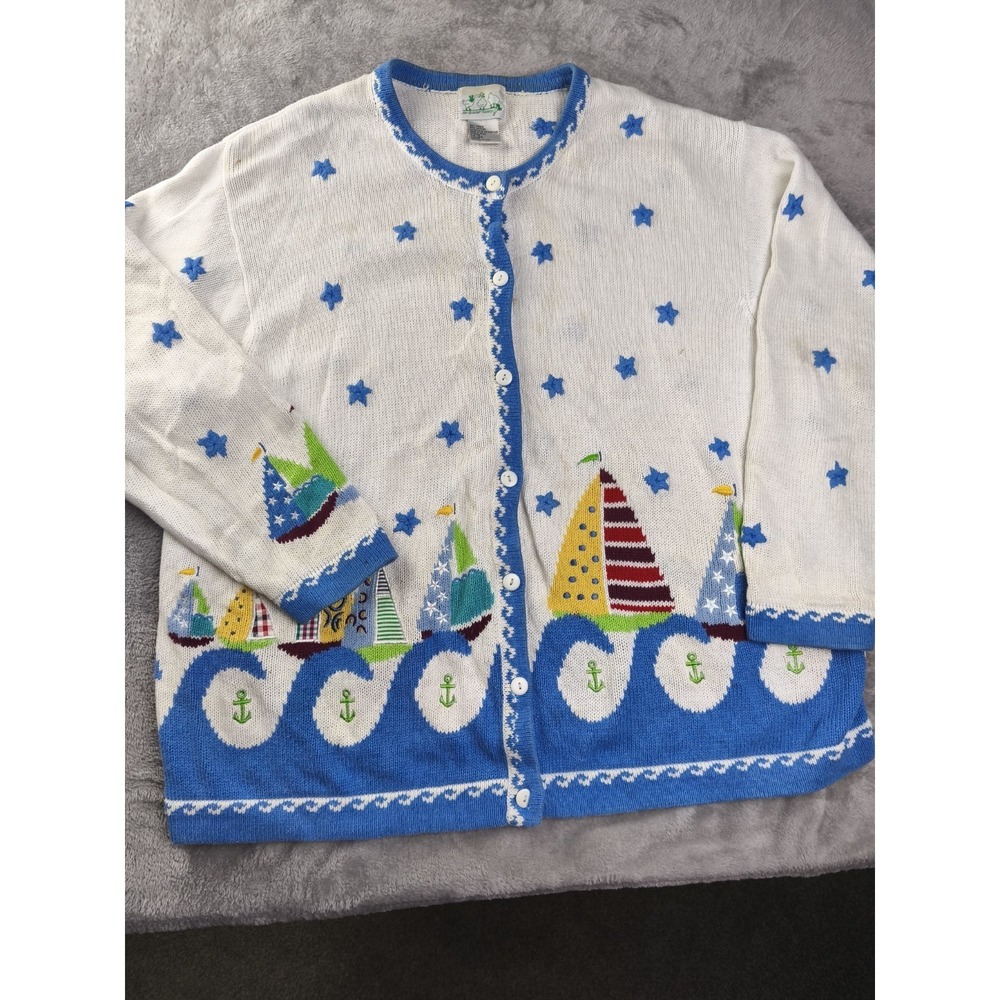 Quacker Factory Sailboat Cardigan Sweater Nautical 2X